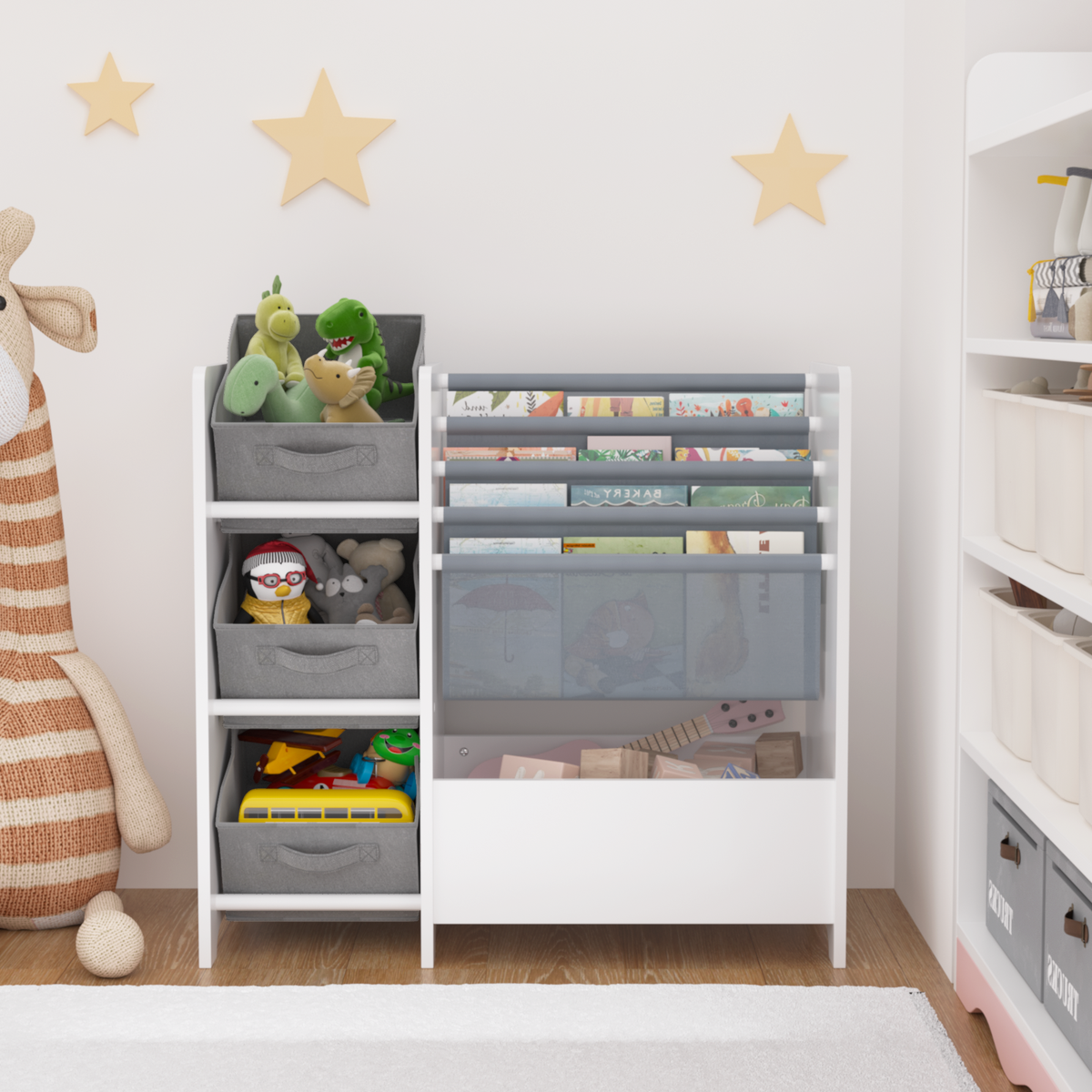Kids Bookshelf and Toy Storage Organizer, Multifunctional 4 Tier Kids Book Shelf with 3 Collapsible Fabric Drawers
