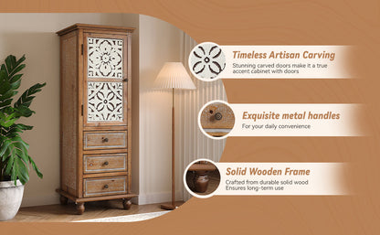 Rustic Wooden Storage Cabinet with Decorative Cutout Door & 3 Drawers, Tall Narrow Organizer for Living Room, Bedroom