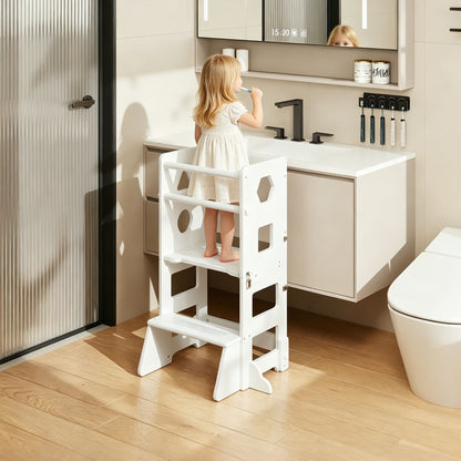 4-in-1 Toddler Kitchen Step Stool,Foldable Learning Standing Tower with Blackboard, Wooden Kitchen Stool Helper for Kids, 1-3 Year Old Boy Girl Gifts(White)
