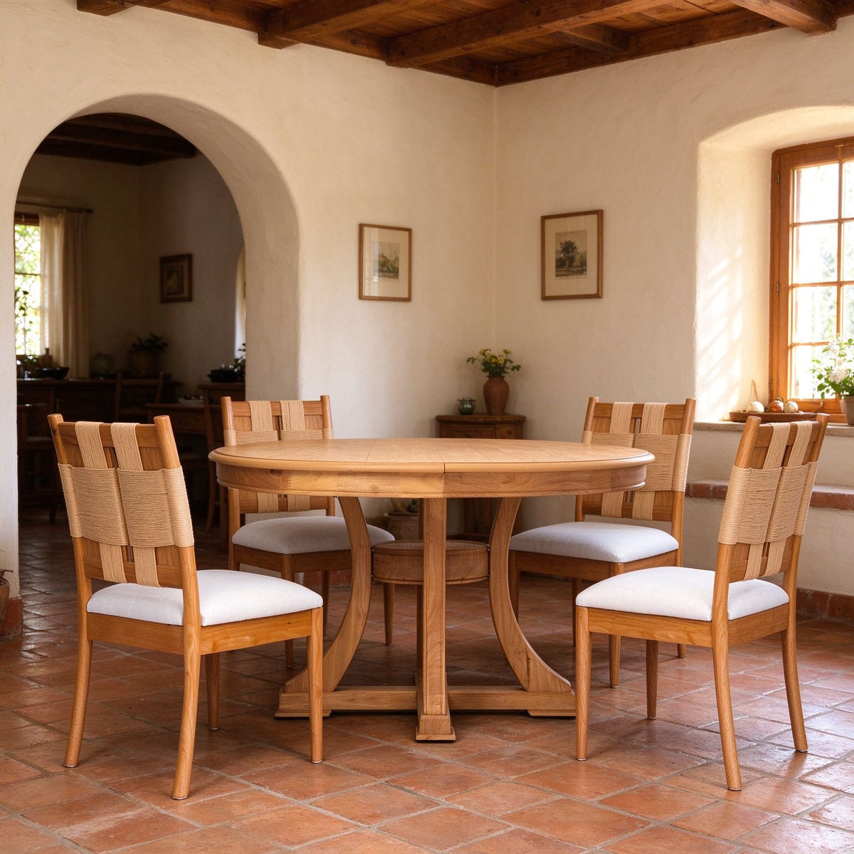 Solid Wood Round Extendable Dining Table 5-pieces Set with  Woven Back Dining Chairs,Natural Oak Finish Dinner Table Set with 4 Upholstered Cushion Seats for Kitchen Dining Room