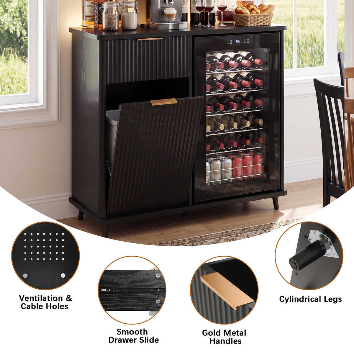 Fluted Coffee Bar Cabinet with Mini Fridge Space & Charging Station, Home Bar Cabinet with Hidden Trash Can Storage & Drawer for Kitchen, Dining Room or Living Room,Black