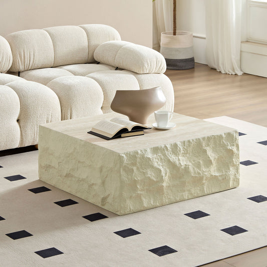 Fiberglass Square Center Coffee Table for Living Room 35.43'' Vintage Table,Imitation Stone Table front of the Sofa,Modern Design Coffee Table for Office,Apartment,No Need Assembly