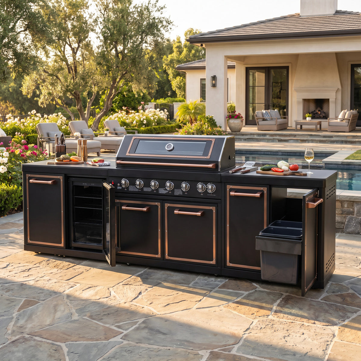 Luxury Black Titanium Outdoor Kitchen Island, 6-Burner 87,900 BTU Gas Grill with Infrared Rear Burner, 70L Refrigerator, Sink, Pull-Out Trash Bin, Rotisserie & Cover, Black/Rose Gold