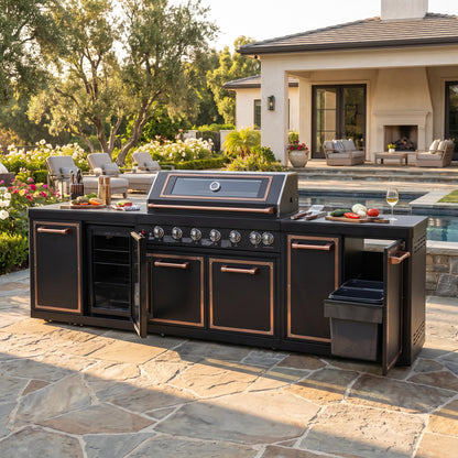 Luxury Black Titanium Outdoor Kitchen Island, 6-Burner 87,900 BTU Gas Grill with Infrared Rear Burner, 70L Refrigerator, Sink, Pull-Out Trash Bin, Rotisserie & Cover, Black/Rose Gold