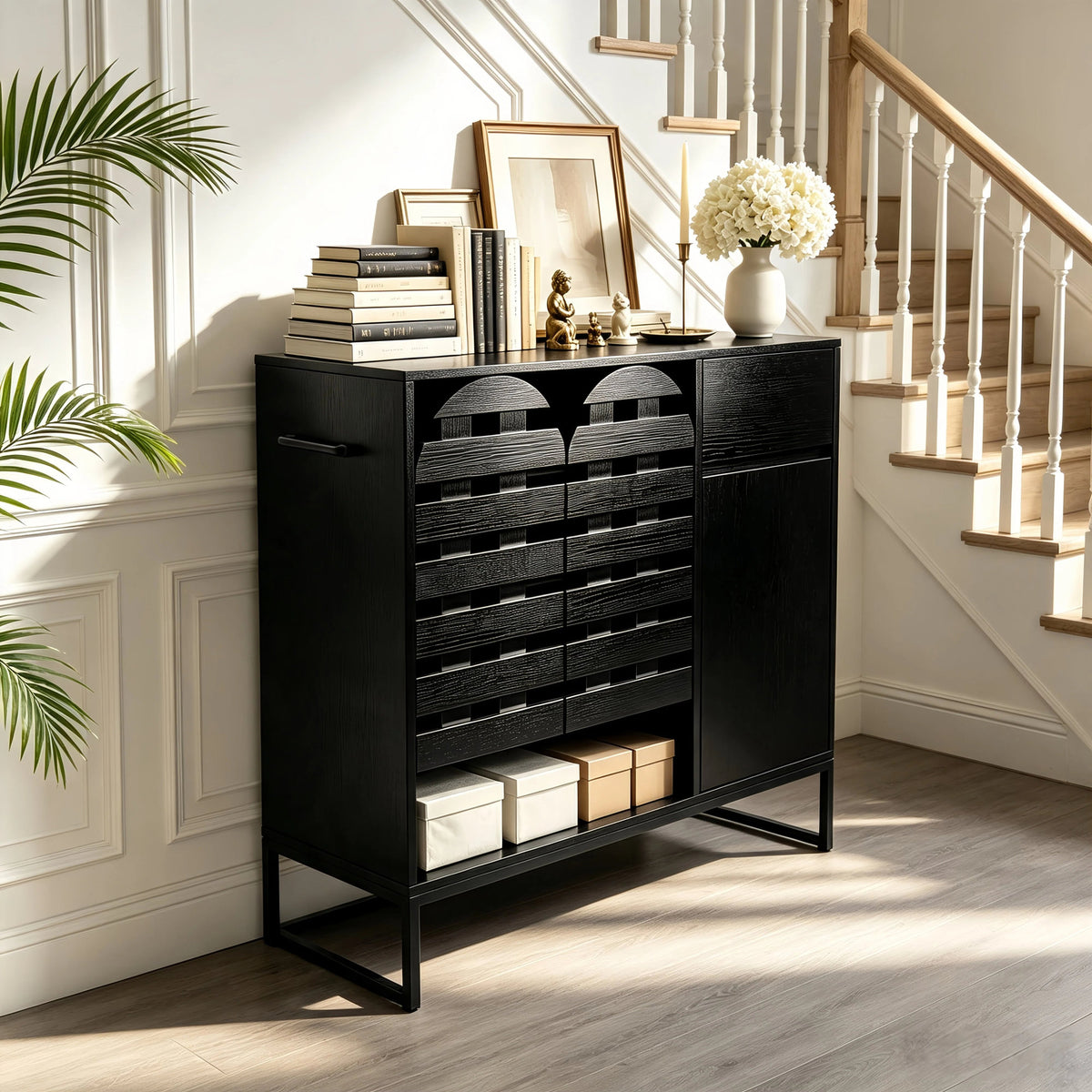 Buffet Cabinet with Storage: 44.49"Black Woven Door Accent Cabinets,with Arched Doors,with Multi layer Adjustable,with Metal Leg,woven door and drawer - for Kitchen Living Dining Room Entryway