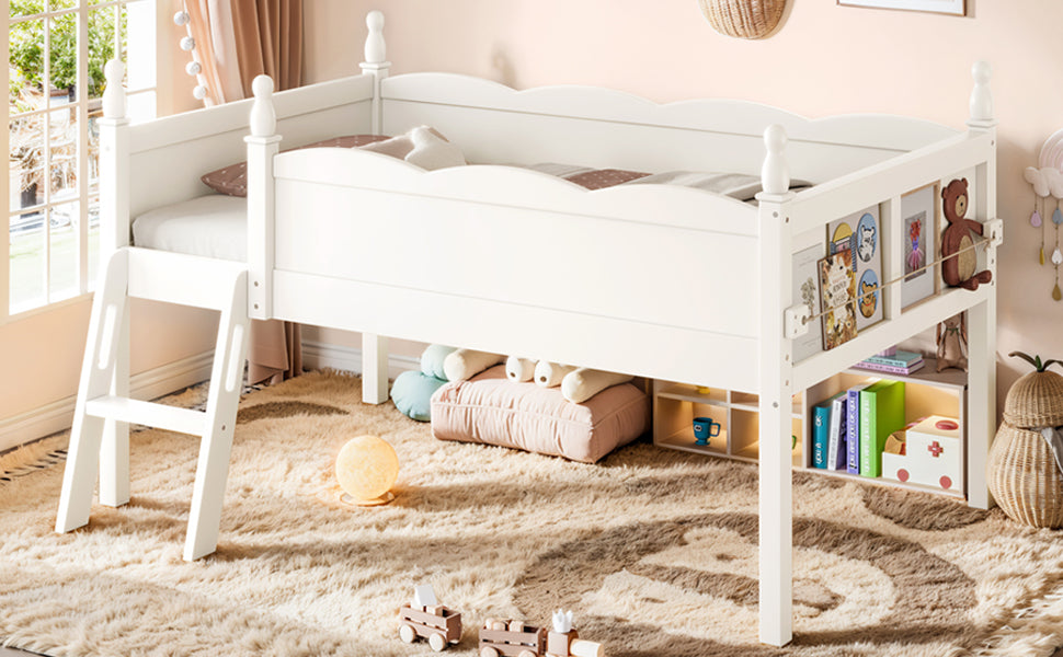 Twin Size Loft Bed with Full-Length Guardrails, Solid Wood Low Loft Bed with Ladders and Beside Book Shelf, Chic Shape and Low Profile Design, Beige