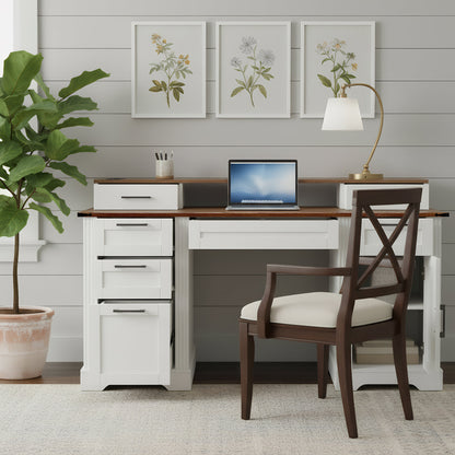White Farmhouse Office Desk with Charging Station, Monitor Stand & Storage Cabinet, Barn Door Design, MDF, 59.5' L x 21' W x 35.8' H