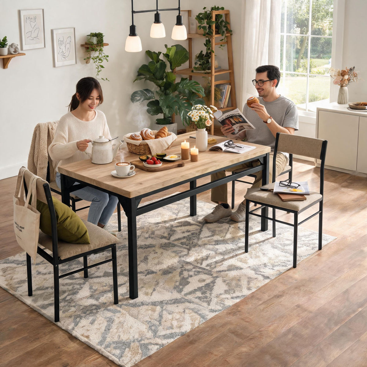 5-Piece Dining Table Set for 4, 47.24" Dining Table with 4 Upholstered Linen-Look Chairs, Black Metal Frames, Modern Kitchen & Dining Room Furniture