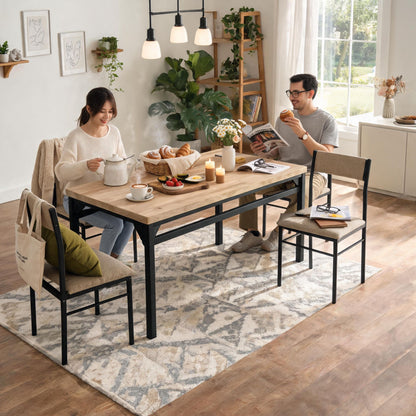 5-Piece Dining Table Set for 4, 47.24" Dining Table with 4 Upholstered Linen-Look Chairs, Black Metal Frames, Modern Kitchen & Dining Room Furniture