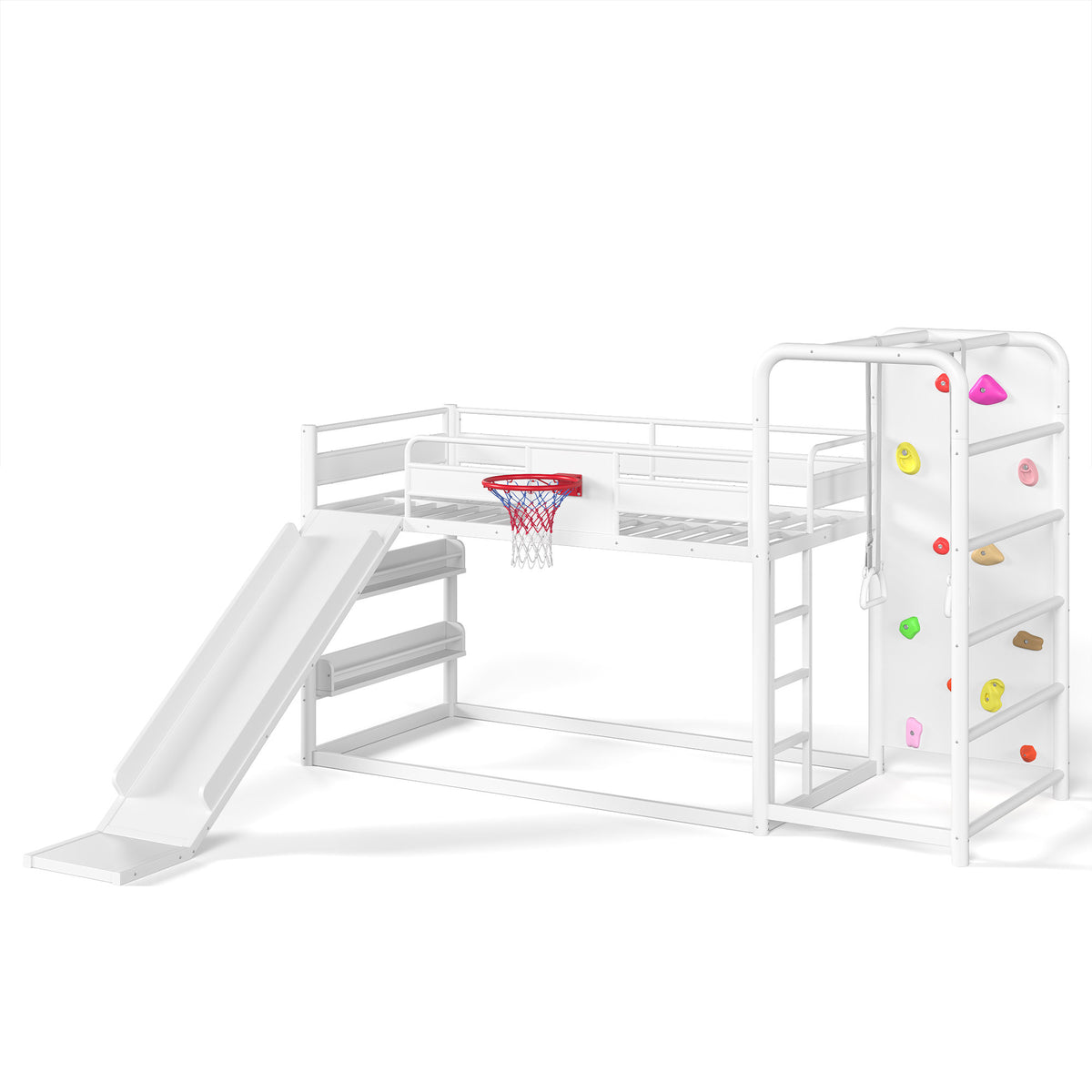 Twin size metal loft/bunk bed with basketball hoop, pull-up rings, climbing wall, and built-in bookshelves. Playful children's design featuring a slide,White.