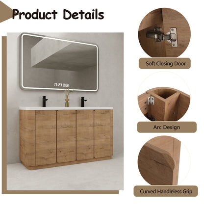 60'' Freestanding Bathroom Vanity with White Resin Sink, 4-Soft-Close Door, KD-Packing, Plywood, Imitative Oak