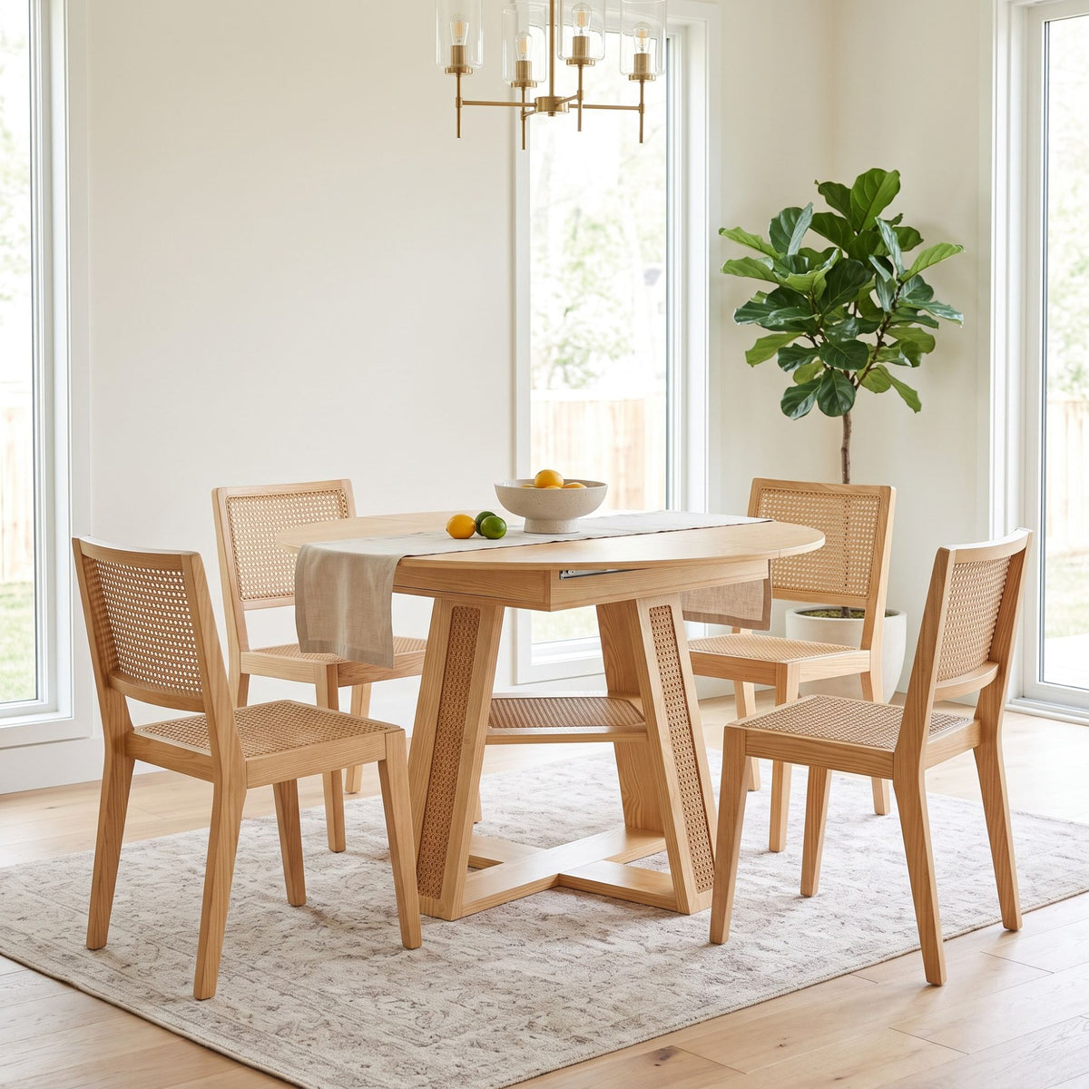 43.3'-59.05' Extendable Round Dining Table for 4-6, Round-to-Oval Kitchen Table with Removable Extension Leaf, Cross-Shaped Base and Storage Shelf, Natural