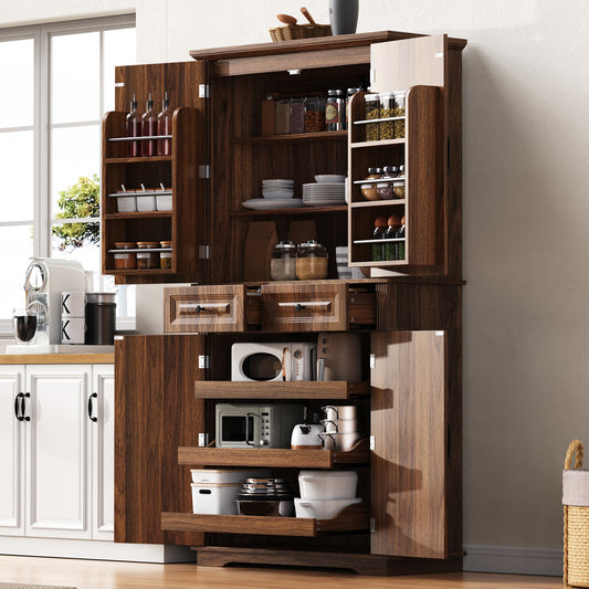K&K 71' Tall Kitchen Pantry Cabinet with 3 Pull Out Cabinet Organizers, Farmhouse Embossed Texture Storage Cabinet with 6 Door Shelves, 2 Drawers, Freestanding Cupboard for Kitchen, Dining Room Brown