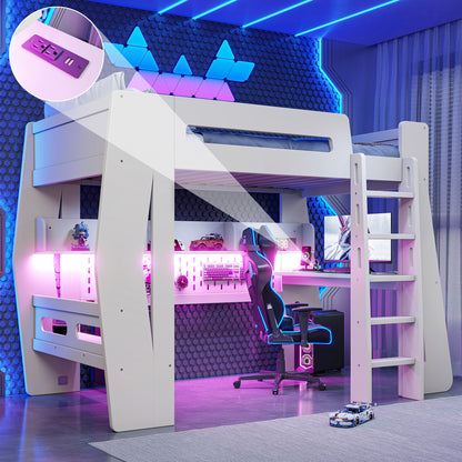 Twin/Full Size Gaming Loft Bed, All-in-One Gaming Bed with Desk, Gaming Bed with Storage, Gaming Loft Bed with Led Light, Esports Style Loft Bed Frame for Teens, Space Saving Loft bed.Beige