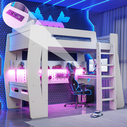 Twin/Full Size Gaming Loft Bed, All-in-One Gaming Bed with Desk, Gaming Bed with Storage, Gaming Loft Bed with Led Light, Esports Style Loft Bed Frame for Teens, Space Saving Loft bed.Beige