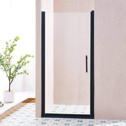 34-35.5'W x 75'H Pivot Single Swing Shower Door, Aluminium Alloy in Matte Black, 1/4' (6mm) Thick SGCC Tempered Clear Glass.