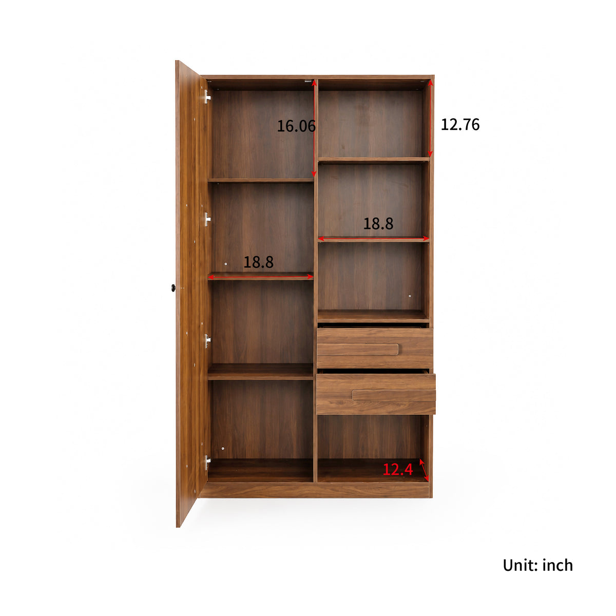 Freestanding Storage Cabinet, Tall cabinet with fluted Door, 2 Drawers & Open Shelves, Multi-Purpose Organizer for Bedroom, Living Room, Entryway