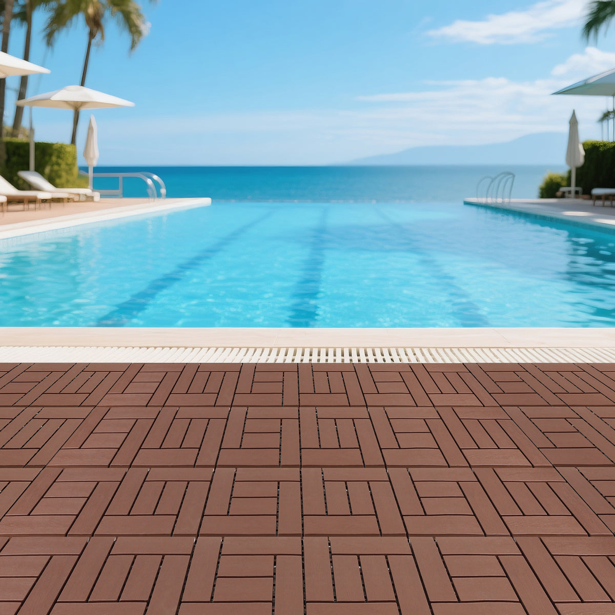 12-inch ZZ style interlocking deck tiles, DIY modular interlocking decking floor tiles, indoor and outdoor floor tiles, courtyard floor tiles that easy to install quickly ,44 pieces, Brown