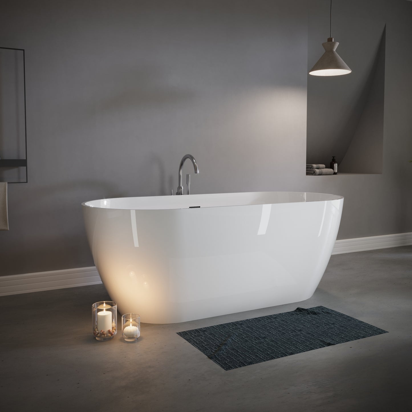 59' Freestanding Solid Surface Bathtub, Luxury Stone Resin Freestanding Soaking Bathtub with Overflow and Pop-up Drain for Contemporary Bathroom, Glossy White TH-25S03-59GW