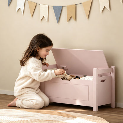 Kids Toy Box Chest for Boys Girls, Large Storage Cabinet with Cushion Seat Bench/ Flip-Top Lid/ Safety Hinge, Toy Storage Organizer Trunk for Nursery, Playroom (Pink)