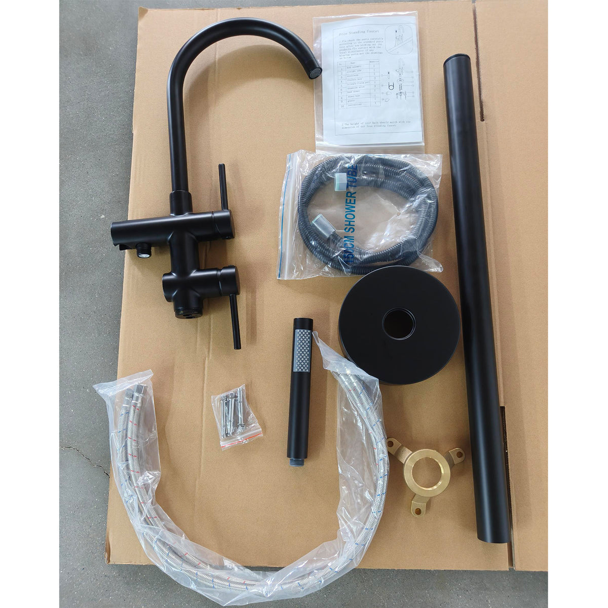 Matte Black Freestanding Tub Faucet, Floor Mounted Bathroom Faucet, Brass Single Handle with Hand Shower, High Flow 6 GPM