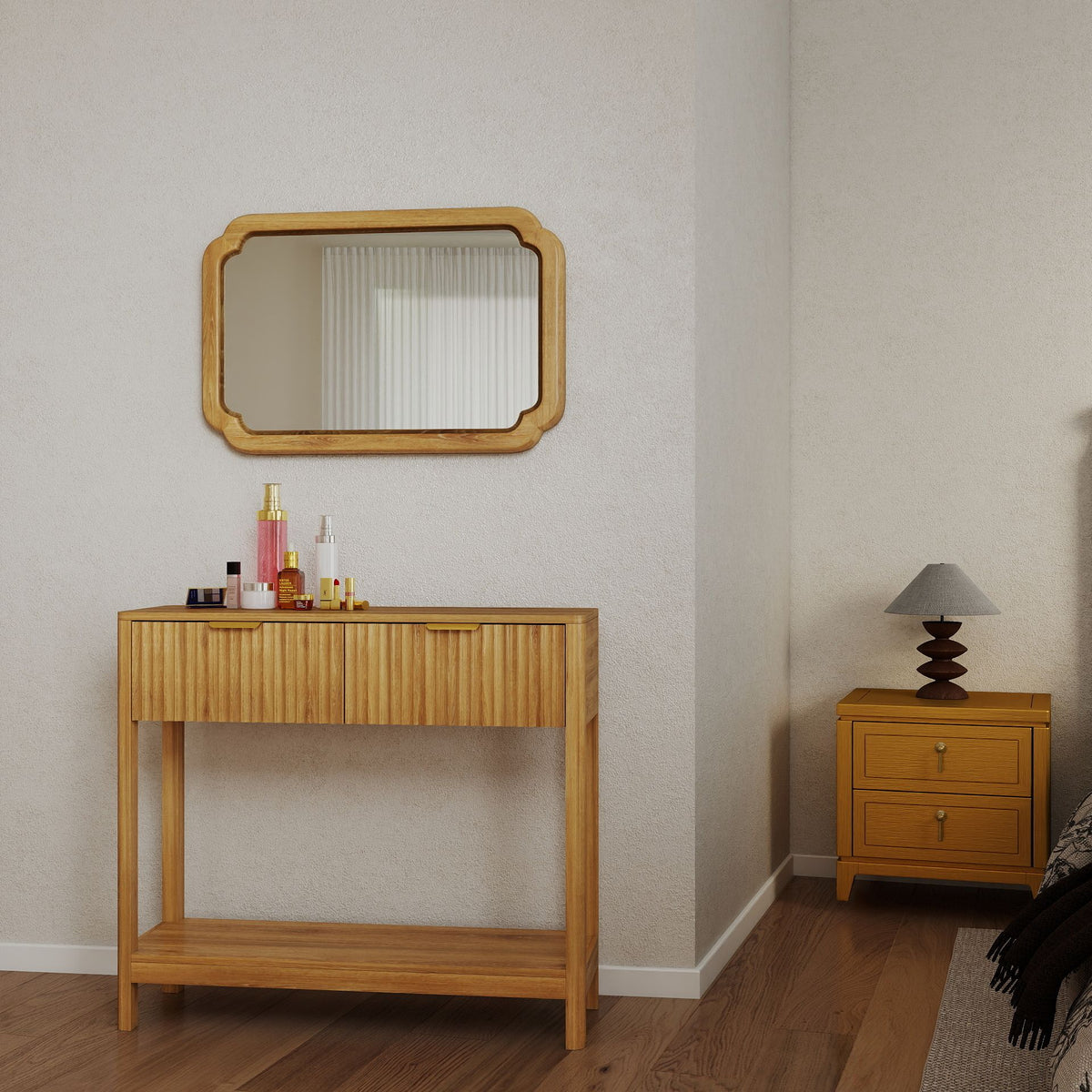 Mid-Century Modern Fluted Console Table with 2 Drawers & Open Shelf, Oak Finish Narrow Entryway Table, Slim Sofa Table for Hallway, Living Room, Small Spaces, Easy Assembly