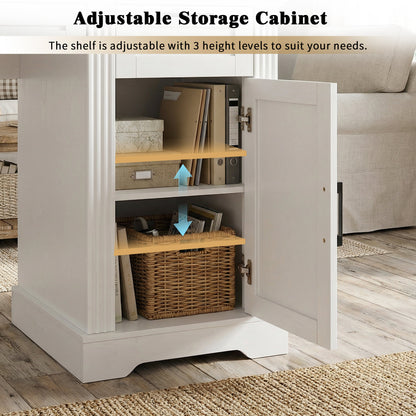 White Farmhouse Office Desk with Charging Station, Monitor Stand & Storage Cabinet, Barn Door Design, MDF, 59.5' L x 21' W x 35.8' H