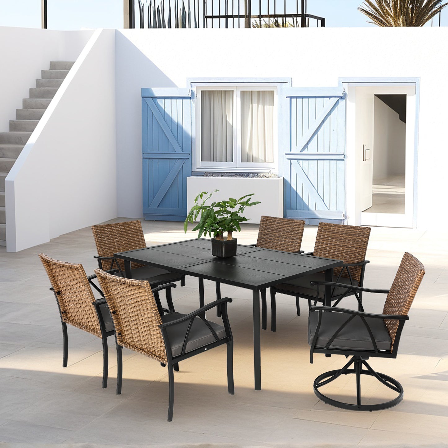 7 Piece Patio Dining Set ,Outdoor Wicker Furniture Set for Backyard Garden Deck Poolside with 2 Cushions Swivel Rocker Chairs,4 Cushions chairs,Table Top, Removable Cushions