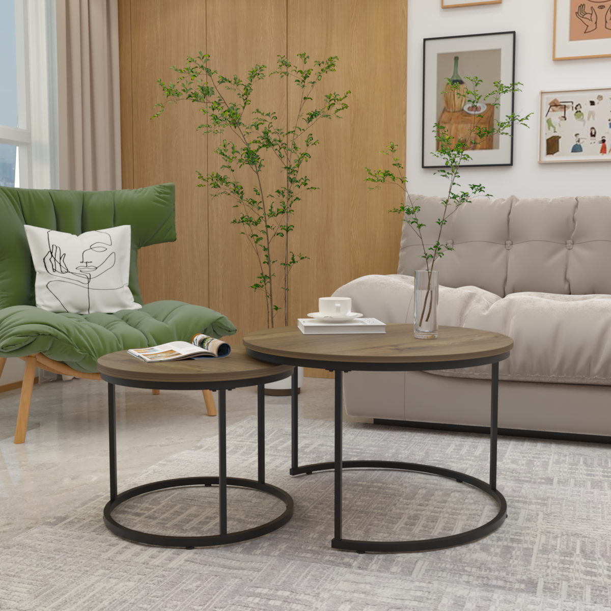 Nesting Coffee Table Set of 2, 27.6inch Round Industrial Wood Finish with Sturdy Metal Frame