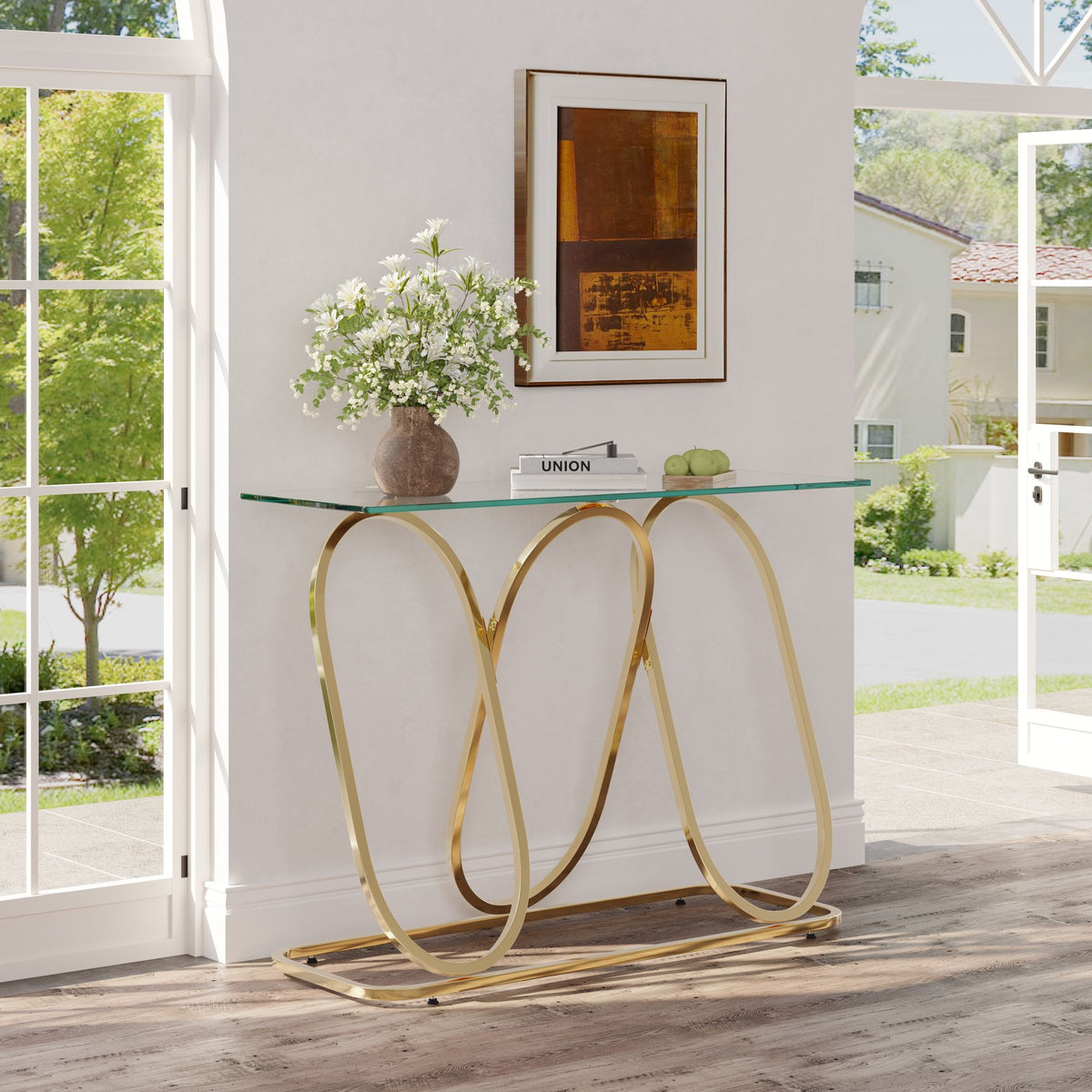 43.3' Modern Tempered Glass Console Table with Ring-Shaped Frames, Metal Frame and Clear Tempered Glass,Suitable for Living Room,Hallway,Corridor and Bedroom - Gold