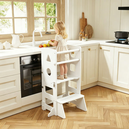 4-in-1 Toddler Kitchen Step Stool,Foldable Learning Standing Tower with Blackboard, Wooden Kitchen Stool Helper for Kids, 1-3 Year Old Boy Girl Gifts(White)
