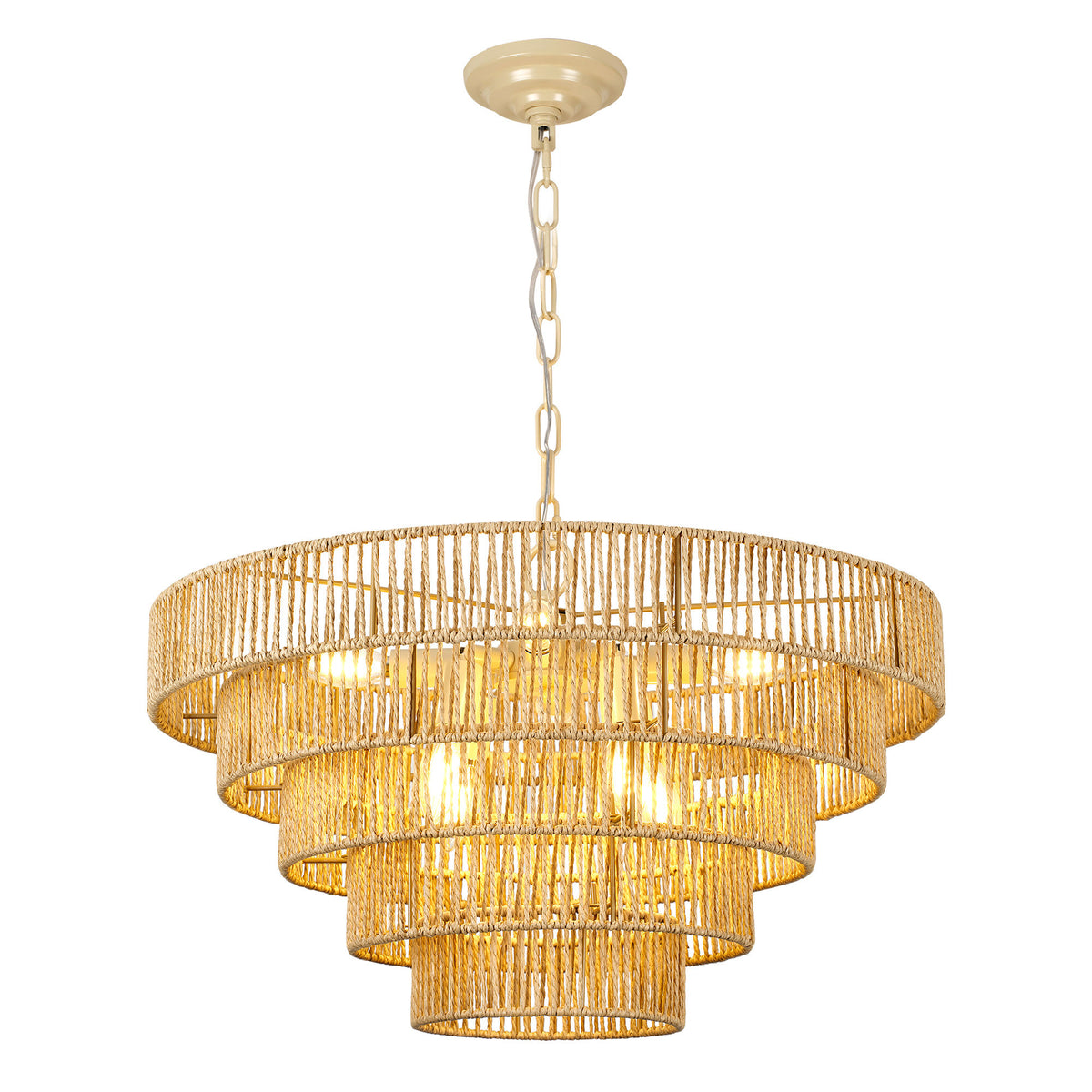 23.62" Tiered Chandelier, 5-Tier Off White Metal & Glass Pendant Light, 8xB12 Socket Max 40W, Bulbs Not Included