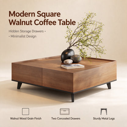 35.43" Square Walnut Finish Coffee Table with Hidden Drawer and Black Base, Modern Large Cocktail Center Table with Storage for Living Room, Apartment and Office