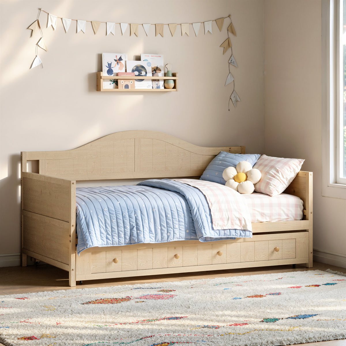 Twin Solid Wood Daybed with Drawer Rolling Trundle, Multi-Purpose Single Sofa Bed for Bedroom Living Room,Natural