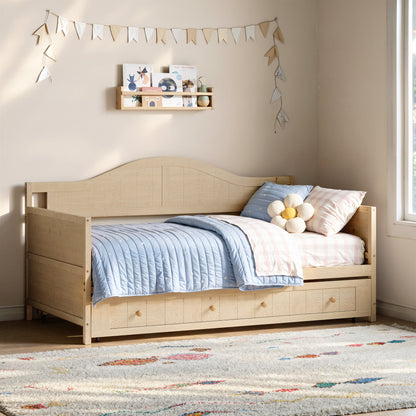 Twin Solid Wood Daybed with Drawer Rolling Trundle, Multi-Purpose Single Sofa Bed for Bedroom Living Room,Natural