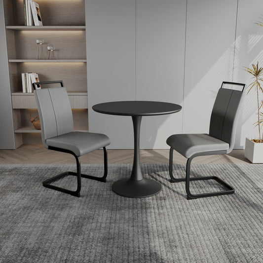 31.5 ' Black circular dining table, tulip dining table, kitchen dining table for 2-4 people, MDF tabletop and base, and 2 gray PU black metal leg dining chair set 2