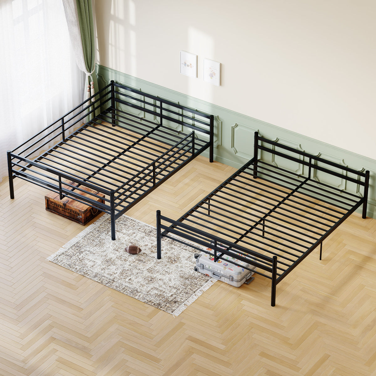Queen-size heavy-duty bunk bed with ladder and high guardrails, 20 crossbars, minimum load capacity of 880 lbs per bunk, can be split into two double beds, includes storage space, black.