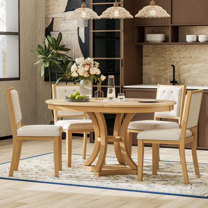 TREXM 5-Piece Retro Functional Dining Table Set Extendable Round Table and 4 Upholstered Chairs for Dining Room and Living Room (Natural)