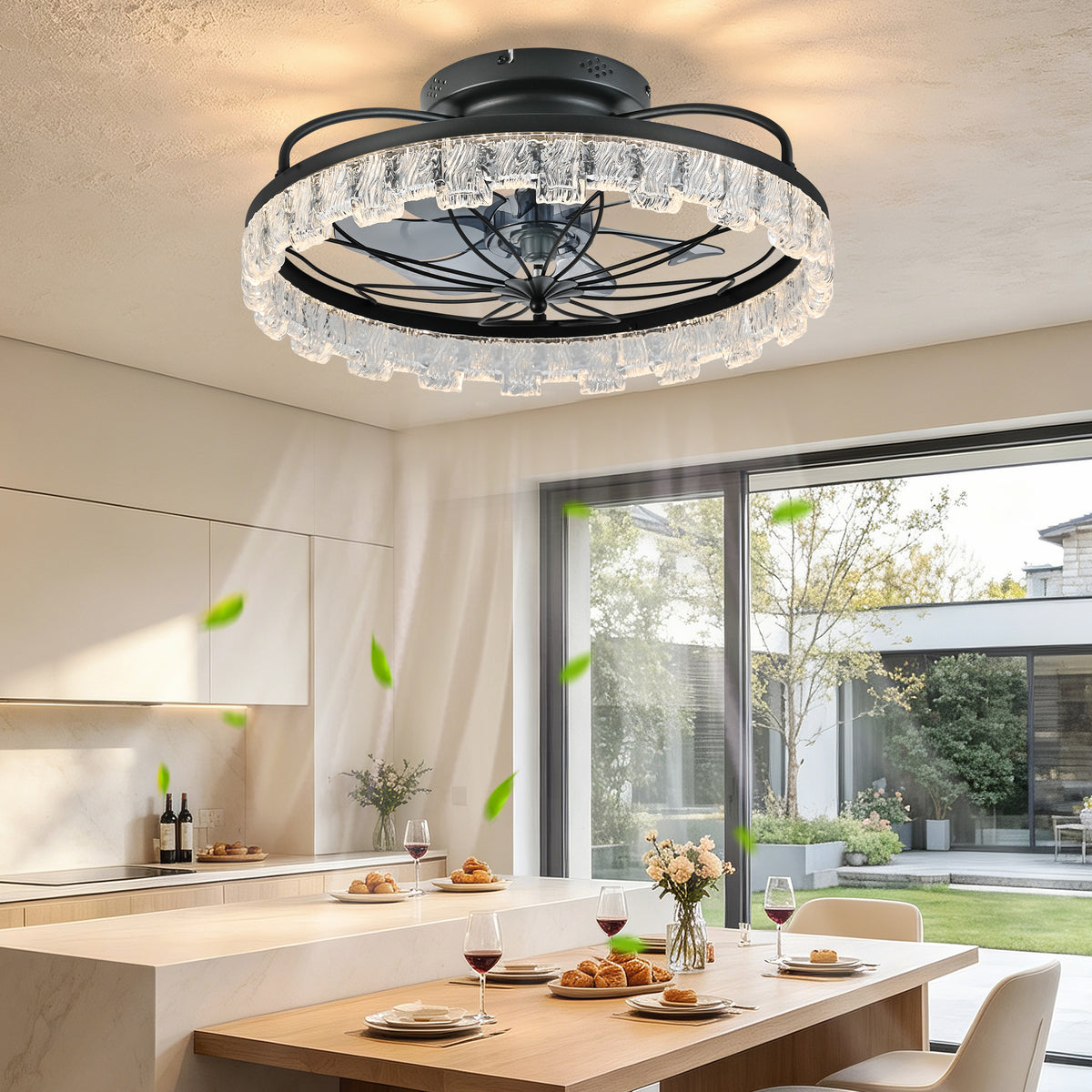 Rustic Black Ceiling Fan with Light, Farmhouse Flower Caged Ceiling Fan with Remote, LED Low Profile Ceiling Light for Bedroom Kitchen Living Room