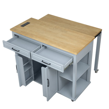 K&K 47 inch Kitchen Island with Extendable Dining Table, Rubber Wood Veneer Kitchen Table with Internal Storage Rack, Power Outlet