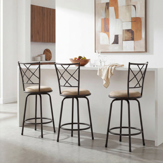 Set of 3 Convertible Chairs Swivel Counter Height, Pub Height Bar Stools Plush Rotating Seats Iron Frame Dark Brown Traditional Dining Furniture