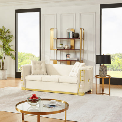 82.3' Luxury Italian Velvet 3-Seater Sofa, 2 Throw Pillows, Thick Seat Cushion, Wide Armrests & Elegant Gold Metal Accents, Modern Sofa for Living Room, Bedroom and Home, Beige
