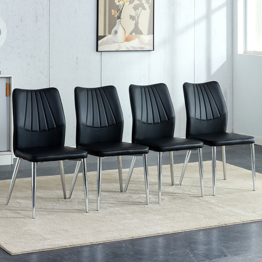 Four black dining chairs. Modern chairs from the Middle Ages. Made of PU material cushion and silver metal legs. Suitable for restaurants and living rooms.W1151135495