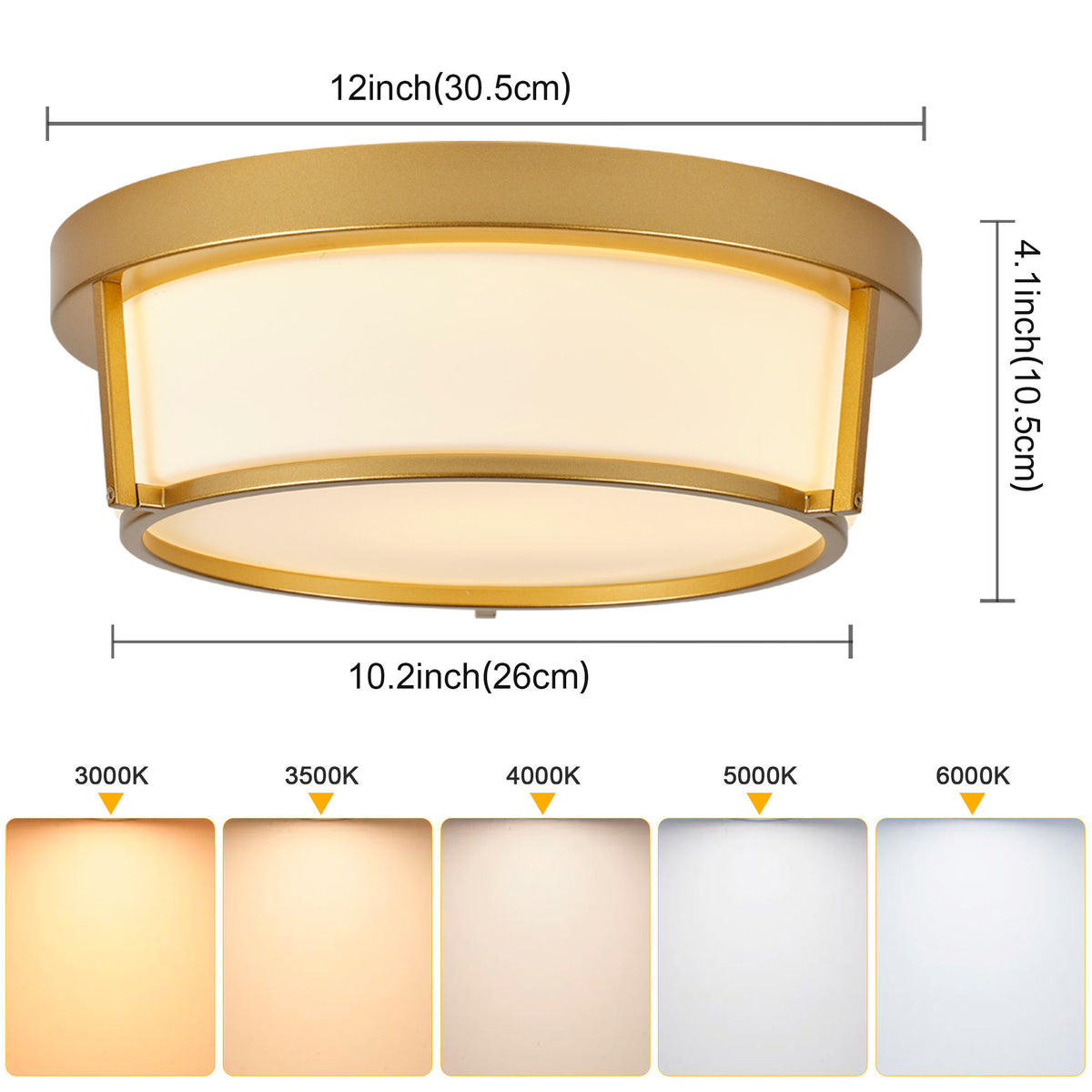13.58" Flush Mount LED Ceiling Light, Brushed Gold Metal Frame with Glass Shade, No Remote Control