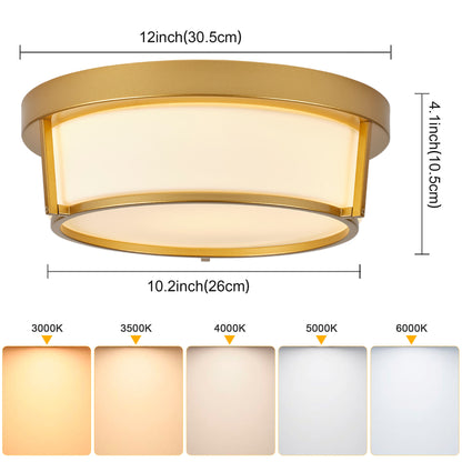 13.58" Flush Mount LED Ceiling Light, Brushed Gold Metal Frame with Glass Shade, No Remote Control