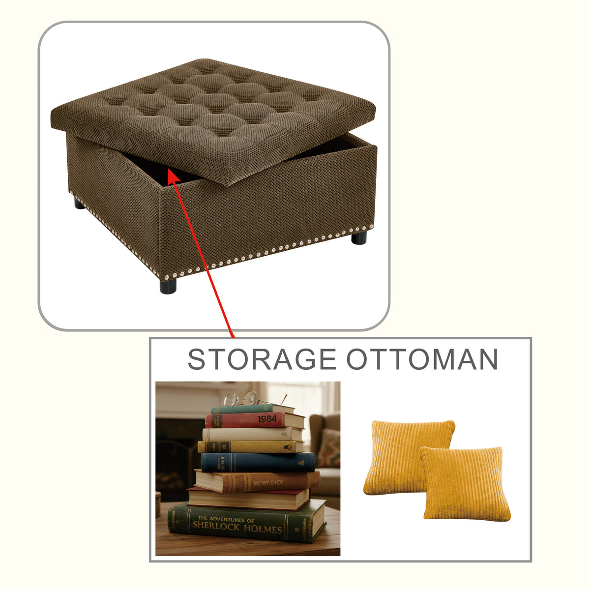 Storage Ottoman, Tufted Footstool, Nailhead Trim Ottoman, Square Storage Ottoman, Upholstered Coffee Table, Bedroom Storage, Living Room Accent, Dark brown Ottoman, Small Space Furniture, Home Decor.