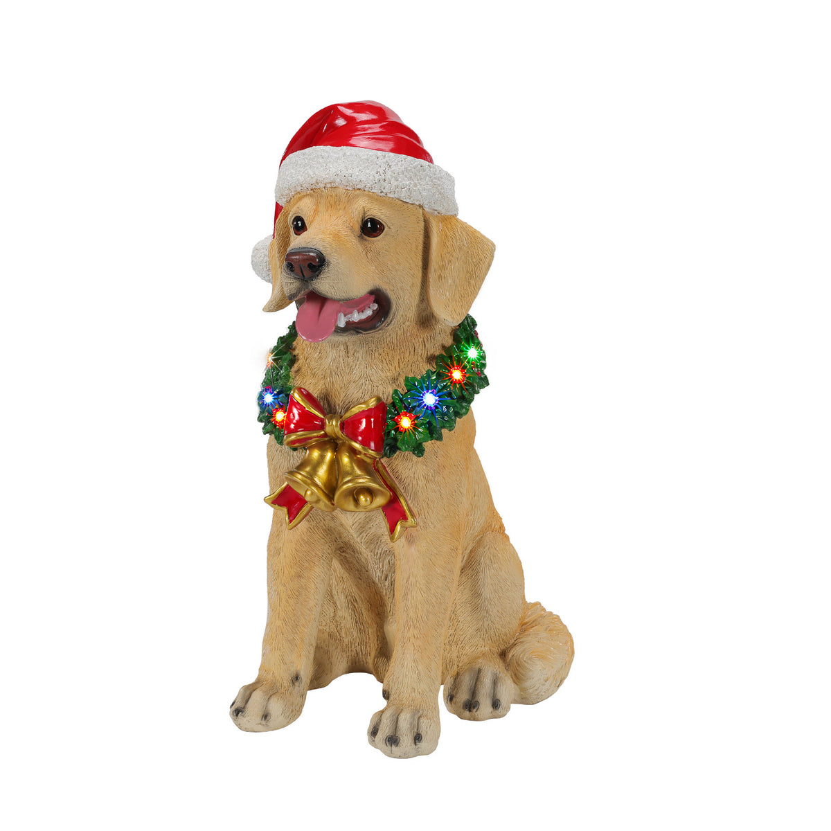 Lighted Christmas Labrador Retriever Dog Statue, Santa Hat Puppy Figurine with LED Wreath and Bells