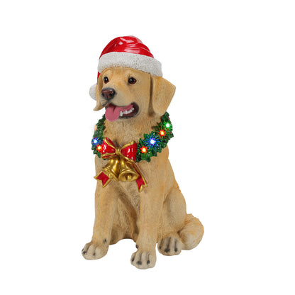 Lighted Christmas Labrador Retriever Dog Statue, Santa Hat Puppy Figurine with LED Wreath and Bells