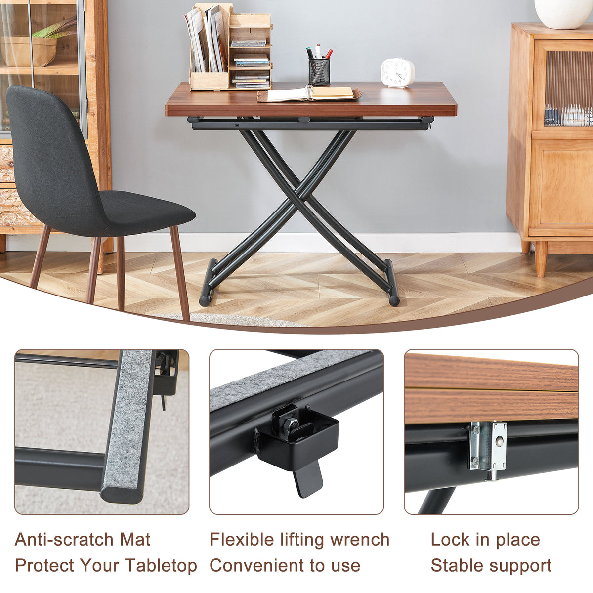 Modern minimalist multifunctional lift table with 0.8 inch thick MDF desktop and black metal legs, can be used as a dressing table, coffee table, dining table, and office table.Walnut textured desktop