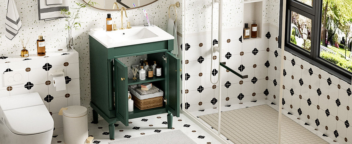Modern Green Bathroom Vanity with Top Sink, 2-Tier Storage Cabinet, Ceramic Basin, Solid Wood Frame, 24''